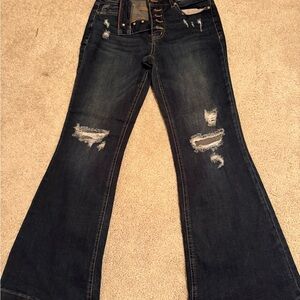 Maurices Midnight Blue Flare Jeans with Distressing